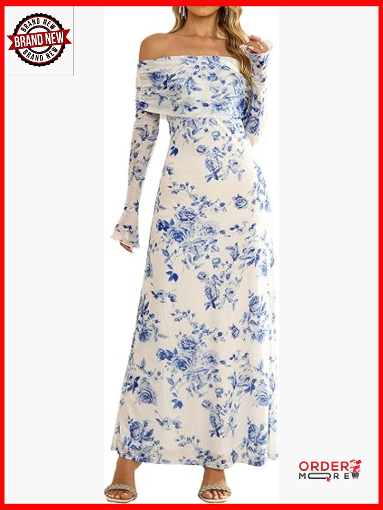 Off Shoulder Bodycon Maxi Dress Long Sleeve Mesh Ruched Party Formal Guest